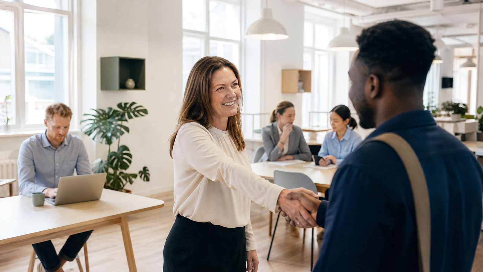 HR leader welcoming an international employee in a bright Danish workplace